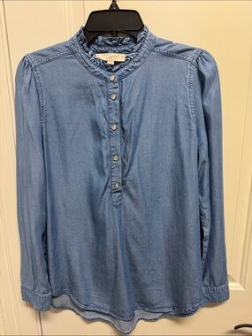 LOFT Light Blue Chambray Ruffle-Neck Button Pullover Blouse